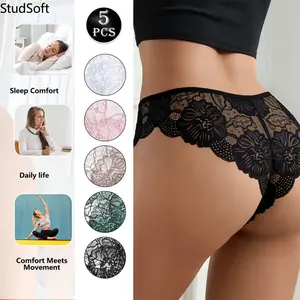 5-Piece Set: New Summer Collection—Women's Sexy Low-Rise Lace Cutout Briefs with Bow Accents
