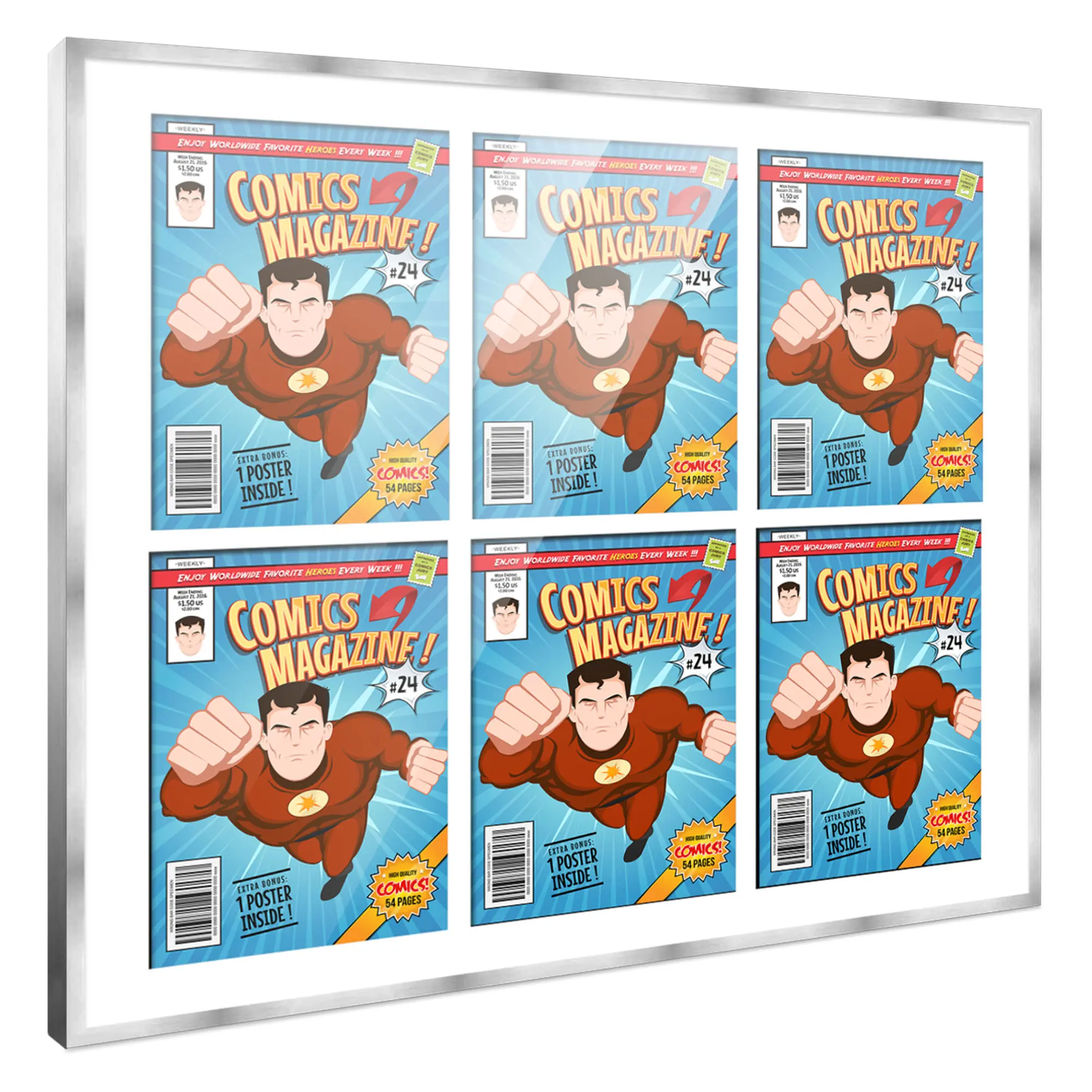 Comic Book Frame with Mat for 6 Silver Age Comics Published Between 1956 and 1970 - Silver Wood Comic Frame With White Mat for 7.125x10.5 Comics - 29x26 Frame Size