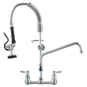 VEVOR Wall-Mounted Kitchen Faucet, 25" Tall, 8" Center Distance, 12" Rotatable Spout, Includes Pre-Rinse Spray, Brass Build, Pull-Down Feature, Suitable for Multi-Compartment Sinks