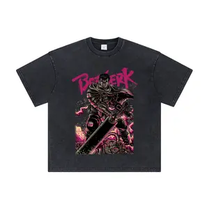 Menswear Oversized Berserk Guts Beast of Darkness Round Neck Shortsleeve T-Shirt - Thick Washed Heavyweight Soft Cotton Top, Ribbed Sleeves, Double-Printed Retro Vintage Unisex Limited Manga Merch, Casual Streetwear Gift for Anime Fans,summervibes