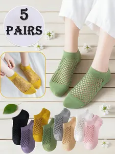 5 pairs of women's plain mesh hole socks, thin and breathable invisible socks for spring and summer, simple and comfortable versatile ankle socks, breathable comfy socks (random dispatch)
