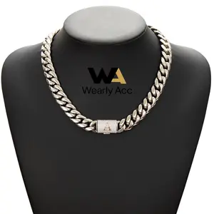 Silver Plated Cuban Link Chain Necklace, 14mm Width, 16-30 Inches, 26 Initial Letters Available, CZ Iced Out Flip Lock Clasp, Waterproof & Fade Resistant, Unisex Hip Hop Jewelry Gift