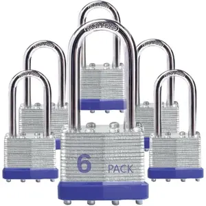 Outdoor Key Padlocks with Same Key, Laminated Steel Keyed Padlocks with Long Shackle, 6 Pack, Suitable for Hasp Latch, Sheds, Fences, Storage Locker, School and Gym