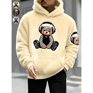 Men’s [Cozy Teddy Fleece] cute headphone bear graphic sherpa hoodie, thickened pullover, unisex couple outfits, ultra-warm winter, fluffy oversized casual jacket
