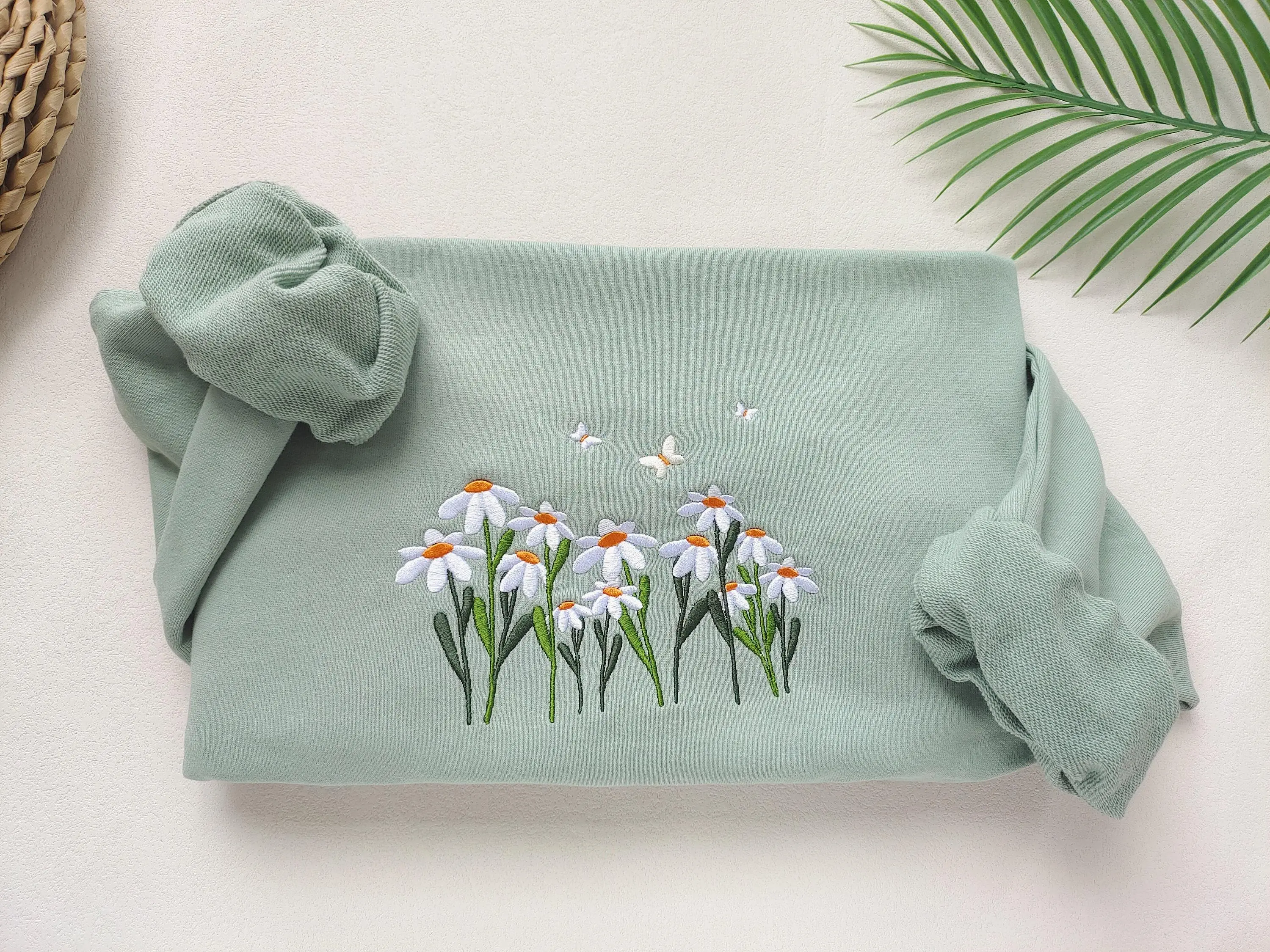 Daisies And Butterfly Embroidered Sweatshirt Butterfly Sweatshirtcrewneck Sweatshirtembroidery Patternsflower Embroidery Best Gift