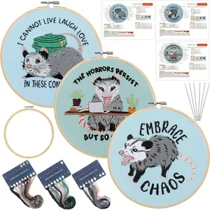 3 Sets Possum Embroidery Kit with Embroidery Hoop Easy Pattern Needlepoint Kit for Beginners and Adults Hand Crafts Needlepoint Set with Needles Thread and Instruction