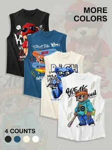 Men's Street Style Teddy Bear Graphic Print Tank Top, Casual Comfy Street Fashion Round Neck Sleeveless Top for Daily Wear, Men's Sleepwear & Loungewear for All Seasons, Streetwear Tank Vest