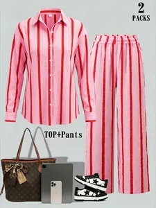Women's Two-Piece Striped Shirt & Wide Leg Pants Set, Long Sleeve Button-Down Loose Fit Chic Casual Loungewear, Lightweight Summer for Beach Vacations
