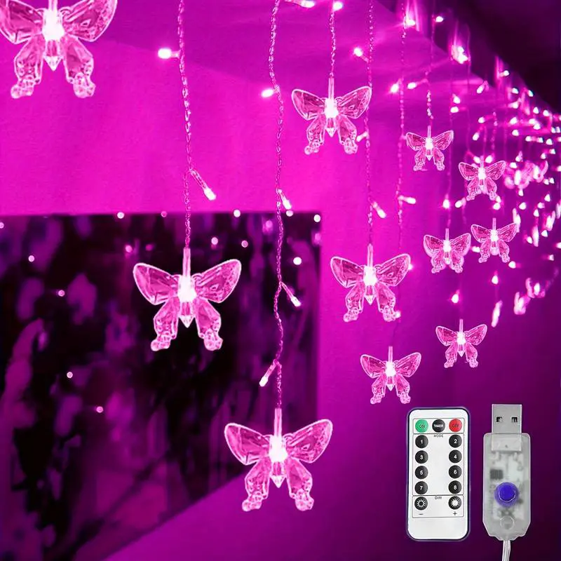 Butterfly Curtain Fairy Lights String, 8 Modes, 96 LED USB Powered Timer Function, Remote Control, 16 Butterfly Hanging Decorations, Butterfly Accents, Illuminated Decor, USB Powered Lighting