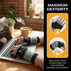Women's knitted fingerless gloves with cute cat embroidery - a comfortable and fashionable hand-warming set suitable for casual winter wear and festive occasions