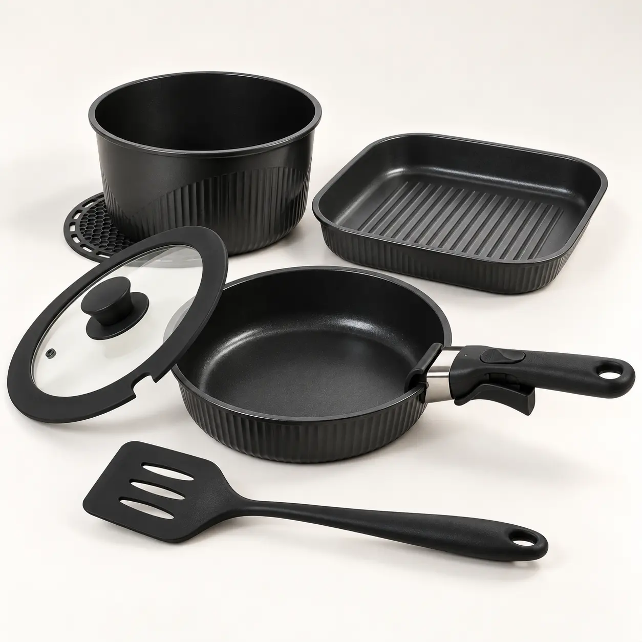 7-Piece Ceramic Nonstick Aluminum Pots and Pans Set with Detachable Handle, Frying Pans, Saucepan,Silicone Lid, Spatula and Mat, Stackable Space-Saving RV Cookware Set, Induction Ready, Oven and Dishwasher Safe,  Lightweight Silicone non stick