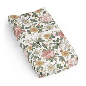 Sweet Jojo Designs Blush Pink Yellow Vintage Floral Boho Girl Baby Changing Pad Cover Sheet Infant Newborn Diaper Change Mat Cover Green White Bohemian Shabby Chic Farmhouse Leaf Rose Leaves Flower