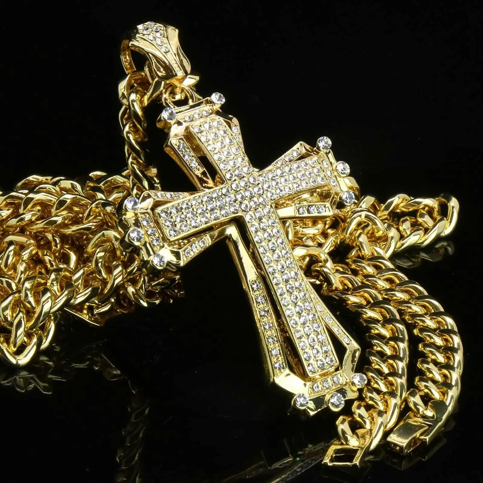 14K Gold Plated Massive Iced Hollow Cross Pendant 30inch 10mm Cuban Chain Hip Hop Statement Jewelry