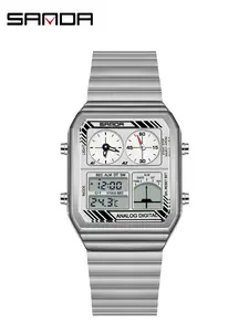 Three-Da Cross-Border Classic Steel Band Electronic Watch, Multifunctional Waterproof Wristwatch, Wine Barrel Three-Time Zone Alarm Clock, Analog Digital Watch