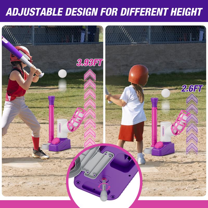 Tball Set for Toddlers 3-5, Tee Ball Set with Step on Pitching Machine/Adjustable Batting Tee/Retractable Baseball Bat/8 Pop Up Balls, Outdoor Sport Toy Games for Kids Girls