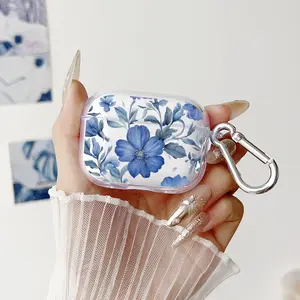 Blue Flowers Pattern Protective Case for AirPods 4/3/2/1/Pro/Pro2 Soft TPU Earphone Cover, Transparent with Keychain