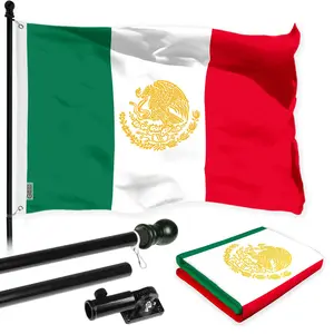 G128 Combo Pack: 6 Ft Tangle Free Aluminum Spinning Flagpole (Black) & Mexico Mexican Golden Coat of Arms Flag 3x5 Ft, LiteWeave Pro Series Printed 150D Polyester | Pole with Flag Included