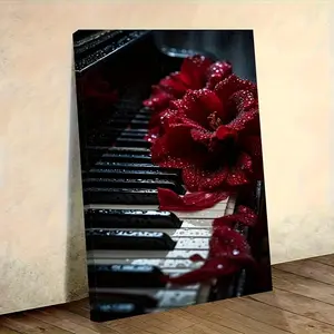 Rose Pattern Wooden Framed Canvas Painting,Large Red Flowers on Piano Keys Oil Painting - Elegant Classic Wall Art with Solid Wood Frame, Wrapped Canvas Piano Key Wall Decor Suitable for Living Room, Dining Room, Office