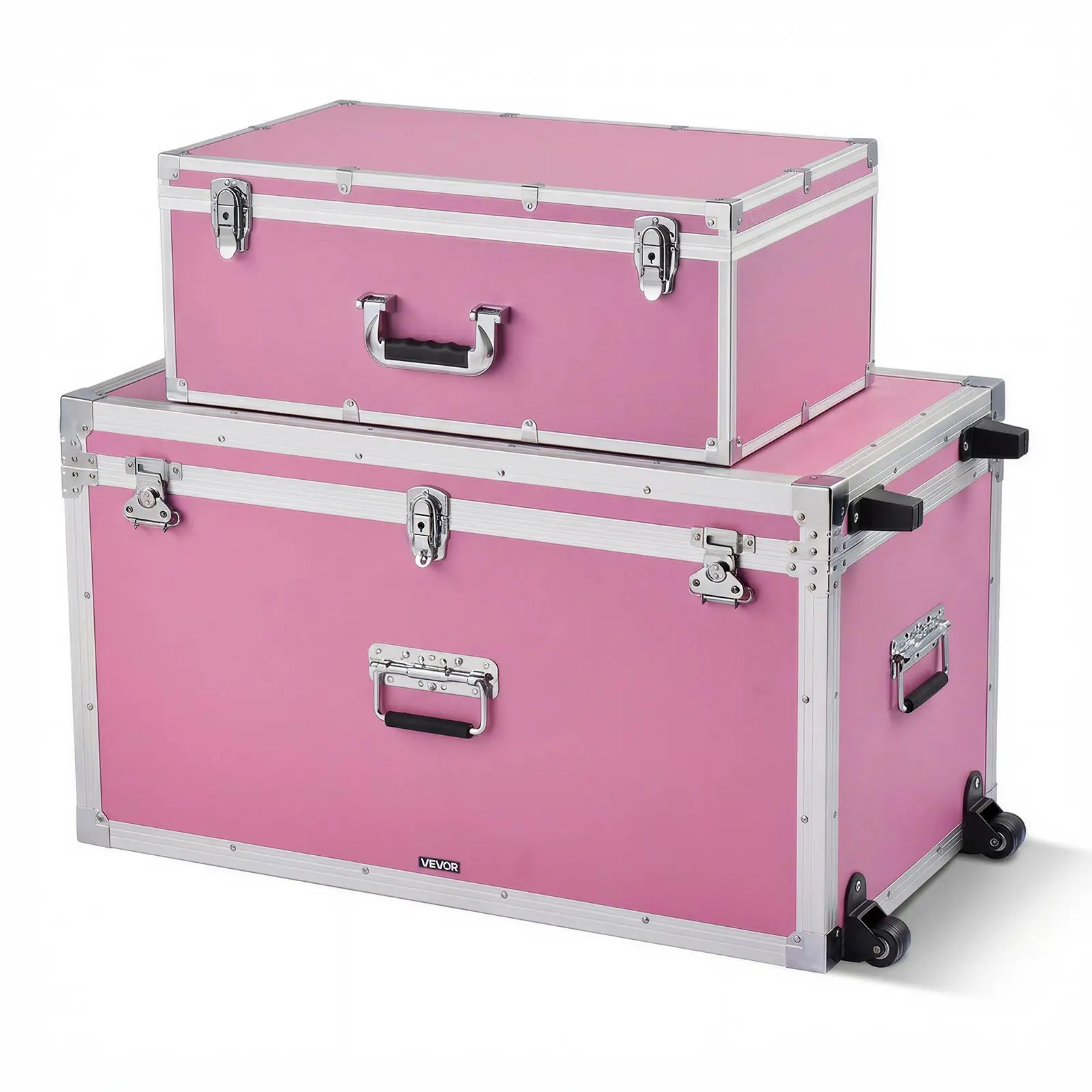 【DealsForYouDays】VEVOR Metal Storage Trunk Set of 2, Lockable Organizer Bins, Wooden Suitcase Storage Boxes with Padlocks, Large Trunk with Casters & 3 Metal Handles, Decorative Lidded Chest for Apartment, Dorm, Pink