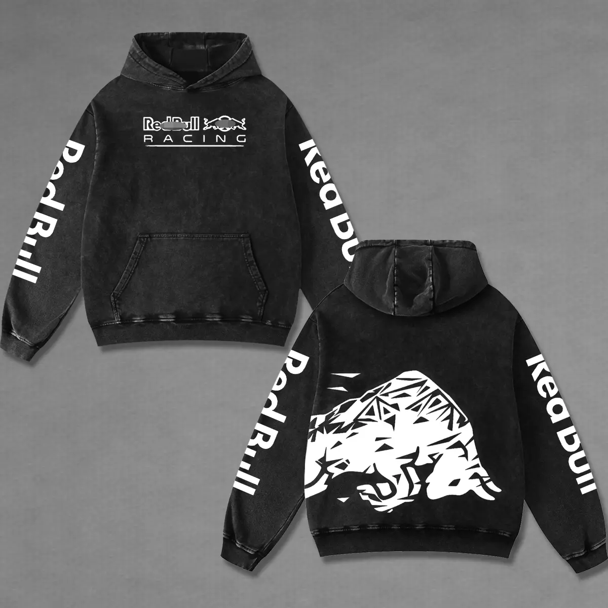 Revion - Redbull White Racing Acid Washed Hoodie - Vintage Motorcycle Motorsports Streetwear - Premium Cotton Dirt Bike Graphic Merch - Relaxed Fit Biker Apparel