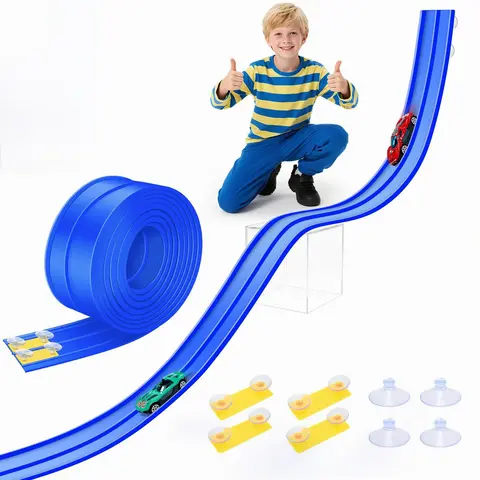 Flex Tracks 15ft Beginner Flexible Track Set for Kids, Imagination, Creative, Suction, Compatible with Hot Wheels & Diecast Cars, Portable Roll-Up Design