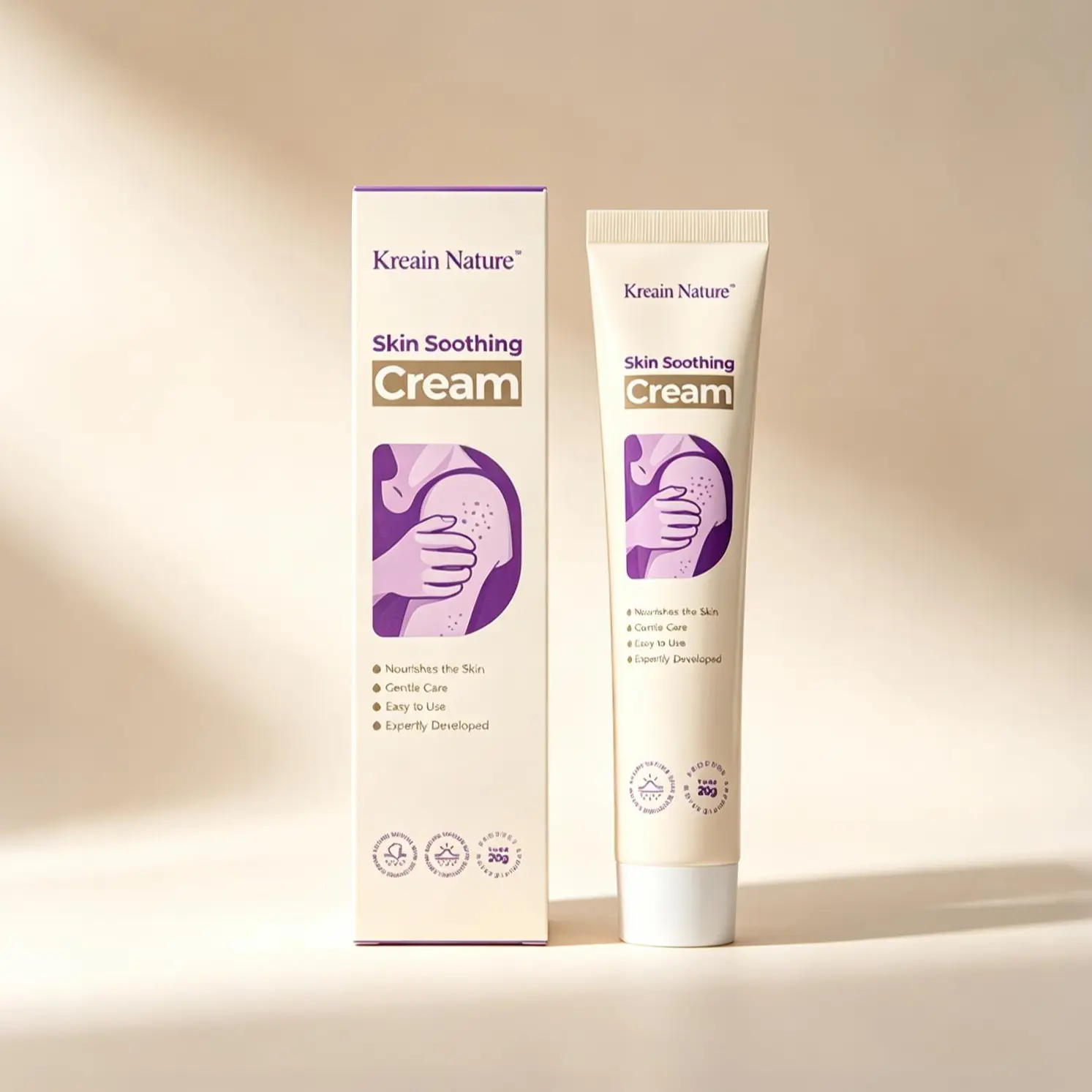 Kreain Nature Gentle Skin Soothing Cream 20g with mild plant extracts, hydrates dry flaky skin, softens flushed uncomfortable texture, compact portable tube for travel & sensitive daily skincare routine.