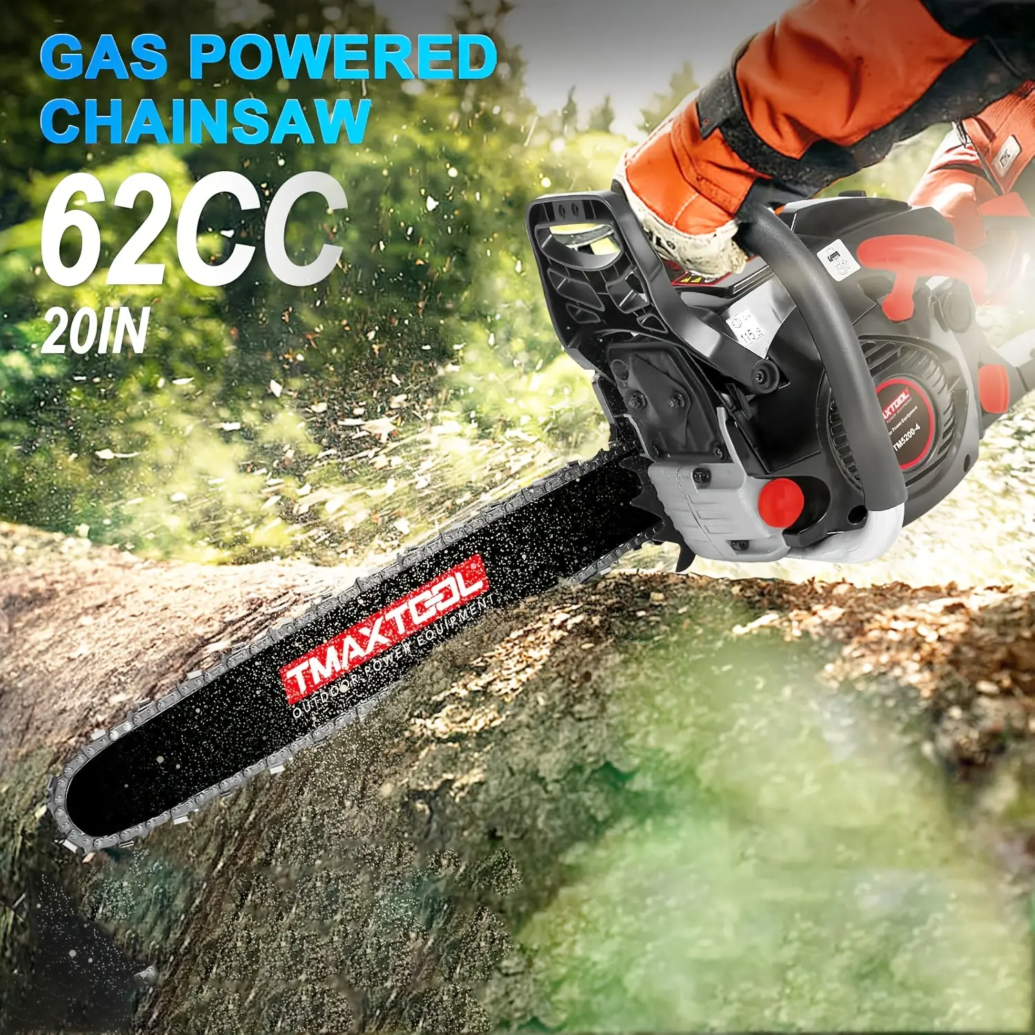 TMAXTOOL 20-in Portable Gasoline Chainsaw - 62cc, 3.5 HP, 2-Stroke Handheld Model with Stainless Steel Cutting Teeth, ABS, Enhanced Chain Protection, Anti-Vibration Grip, Durable Ergonomic Design for Gardening, Forest Use, Pruning Trees