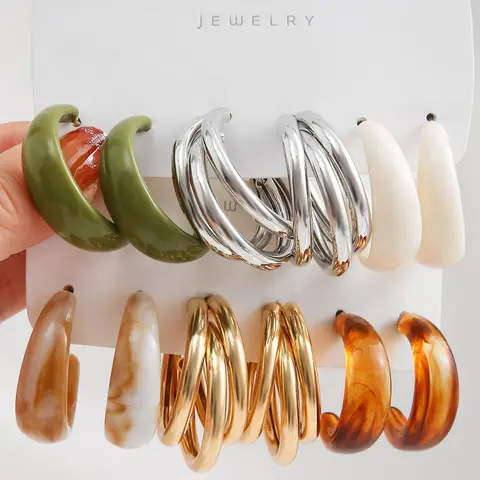 Mixed Shape Resin C-shaped Hoop Earrings Set, Earring Stacks, Fashion Jewelry Accessories for Women & Girls for Party, Trendy All-match Jewelry for Birthday Gift, Hoop Earring Sets