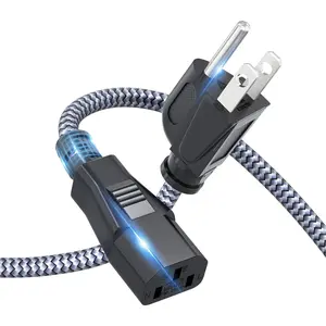 Power Cord,  3 Prong AC Power  20FT/6M Nylon Braided Replacement 3 Pin Power Cord UL Certified for Computer, TV, , Printer, PC, Projector, Power