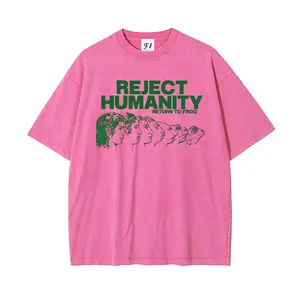 Unisex "Reject Humanity" Frog Art Pattern Washed Vintage T-Shirt - Wash Cotton Retro Streetwear Aesthetic