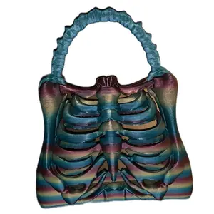3D Printed Rainbow Skull Bag Skeleton Rib Handbag Bone Bag Halloween Decoration Unique Design Versatile Spooky Charm White Black Embellishments