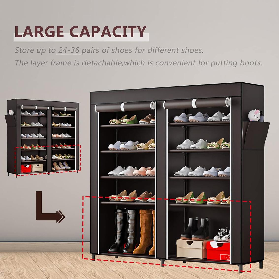 Shoe Rack Storage Organizer 6 Tier 24-36 Pairs Portable Metal Dust Cover Non Woven with Side Pocket Shoe Shelf Cabinet for Entryway Bedroom Closet Smooth Waterproof Multicolor L35.43W11.81H42.52 inches