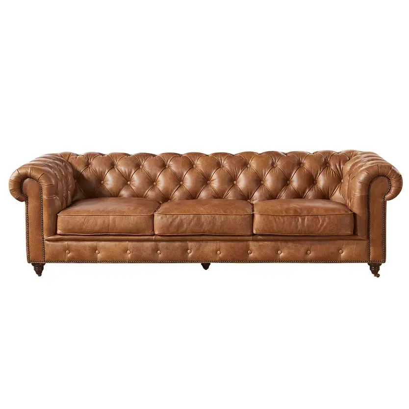 Century Chesterfield Leather Sofa - Light Brown, Durable Family Lounge Sofa, Indoor Sofas Living Room Furniture, Polished Leather Couch Decor Piece