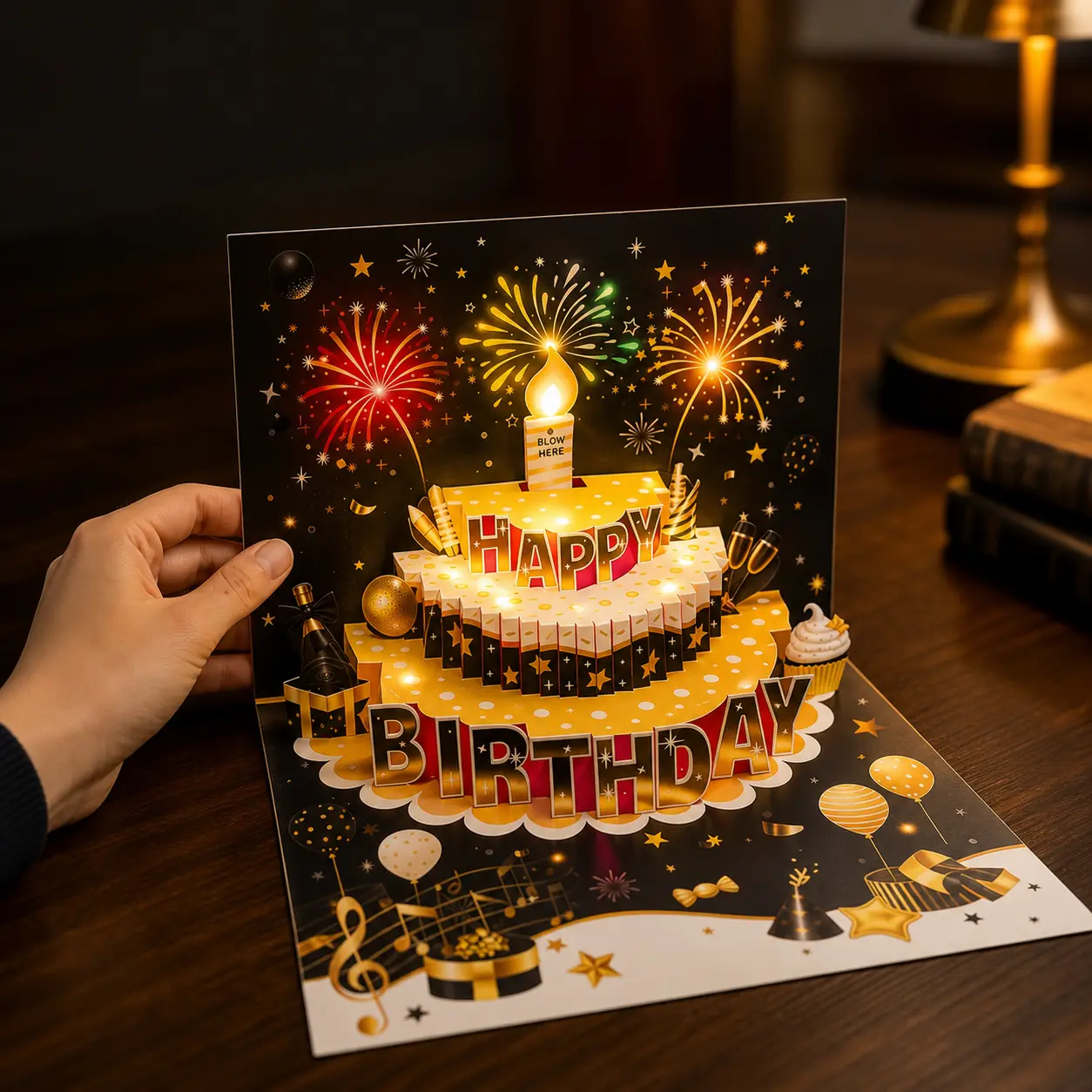 3D Music Greeting Card & Invitation Envelopes with Blow-Out Feature - Office Stationery, LED Candles, Musical Play - Heartwarming Gift for Mom/Dad