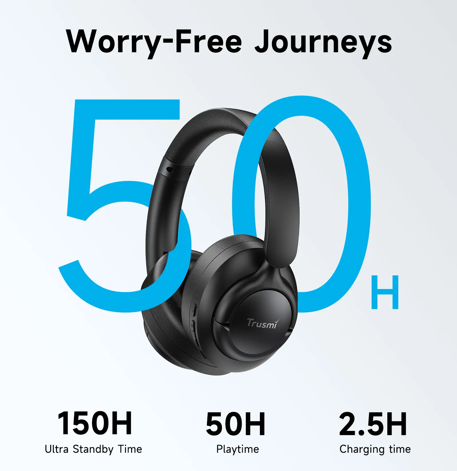 Trusmi Hybrid ANC Bluetooth 5.4 Over-Ear Headphones, 50H Playtime, 40mm Drivers, Foldable Design Studio Monitor