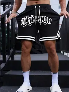 Men's Printed Geometric Letter Summer Vacation Beach Pants, Adjustable Drawstring Waist, Casual Fitted Style, Athletic, Activewear