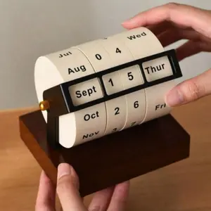 Vintage Wooden Perpetual Calendar, Rotating Desktop Calendar with Month Date Week Display, Reusable Home Office Decor Car Dashboard