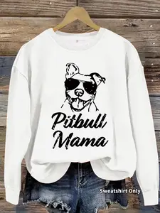 Women's Casual Pitbull Mom Graphic Pullover Sweater, Soft Long Sleeve Round Neck Sweatshirt, All-Season Comfortable Wear