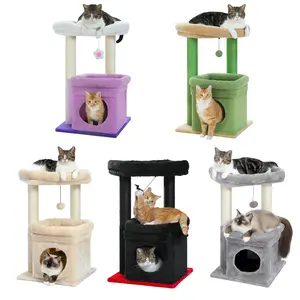 Cat Tree Tower for Indoor Cats, Small Cat Tower with Private Cozy Cat Condo, 2 Natural Sisal Scratching Posts, Plush Pom-pom and 15.7" x 11.8" Top Perch  for Small Cats & Kittens