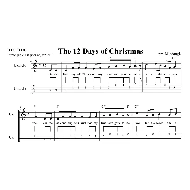 The Twelve Days of Christmas Sheet Music with lyrics, ukulele tabs and chords