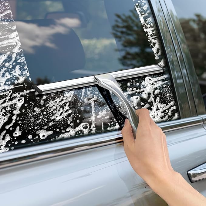 10” Stainless Steel Shower Squeegee with 2 Heavy Duty Adhesive Hooks All‑Purpose Bathroom & Glass Cleaner Tool for Shower Doors Tile Window Mirror Car Windshield & Home Surfaces