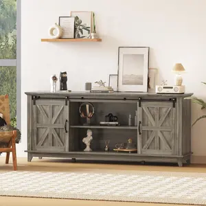 Classic Farmhouse TV Stand Cabinet for 75" Television,Home Entertainment Center with Adjustable Shelf&Sliding Barn Doors,Media TV Console Table,Gray