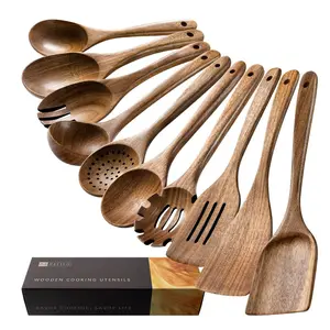 Wooden Spoons for Cooking, Nonstick Cooking Utensil Set with 10 Piece Acacia Wooden Spatulas and Spoons for Cooking, Terrific for Everyday Kitchen Tasks