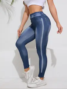 Dot Denim Diva High Waist Tights - Women's faux jeans yoga pants with polka dots on the side, suitable for running and brunch, hip and hip fashion (retro Rebel sportswear, casual style), High Waisted Leggings