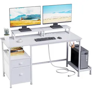 47" Computer Desk with File Cabinet and Power Outlets, Home Office Desk with 2 Monitor Stands and Storage Drawer, Writing Gaming Table with Shelves and 2 Hooks for Bedroom, White