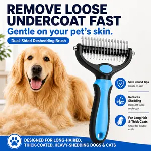 Dual-Sided Pet Slicker Brush for Dogs & Cats, Extra-Wide Deshedding Rake with Safe Round Tips for Long Hair & Thick Coat Undercoat Removal