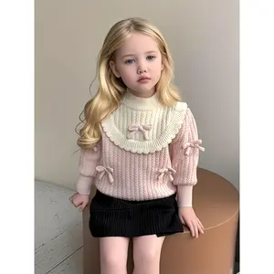 2025 New Cute Mixed Knit Pullover for Girls Aged 3-7, Bow Applique Sweater, Medium Stretch Fabric Soft Warm Comfortable Choice in Autumn Winter Spring Seasons
