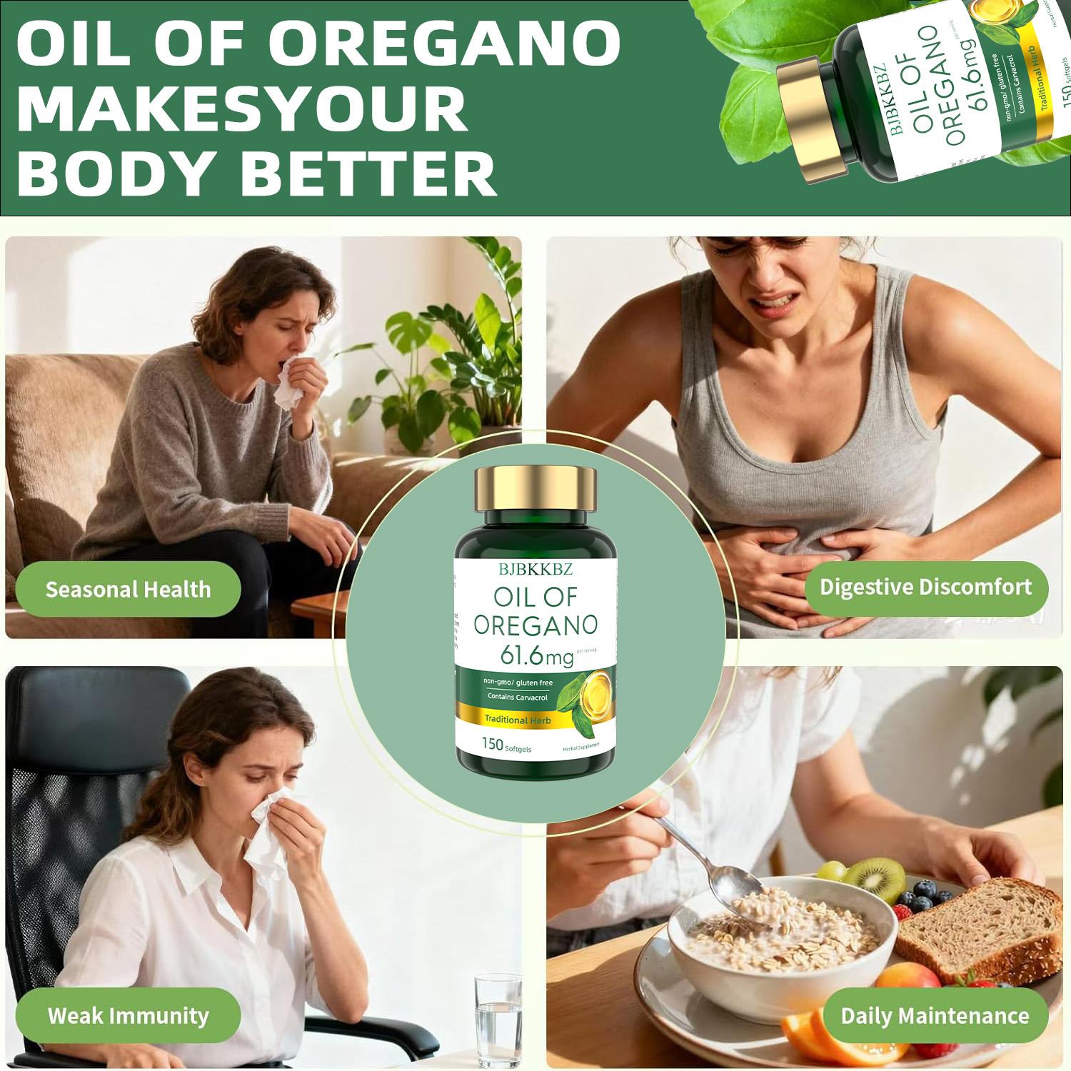 BJBKKBZ Oil of Oregano Softgels, 61.6mg Per Serving with Carvacrol, Non-GMO & Gluten Free Traditional Herbal Supplement, 150 Count