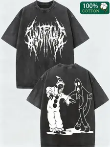 Dark Clown Ghost Spooky Print Fitted T-Shirt, 100% Cotton Vintage Wash Short Sleeve Top, Unisex Casual Trendy Daily Wear, Halloween Style