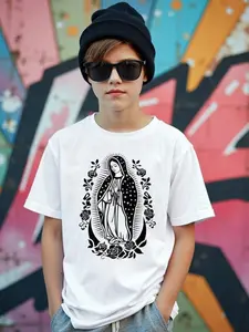 1pc ' Virgin Mary & Print T-Shirt - Catholic Religious Kids Clothing with Our Lady of Guadalupe-Inspired Design, Short Sleeve Round Neck Top for 3-13 Years, Easter Gift & Casual Attire (Machine Washable)